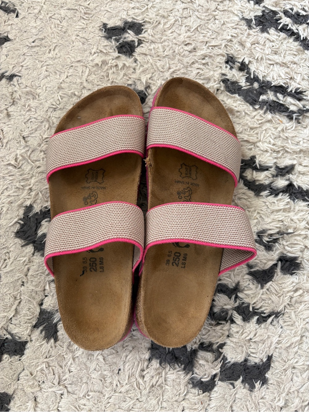 Birkenstock Women's Elastic Strap Sandals in Beige with Pink Trim